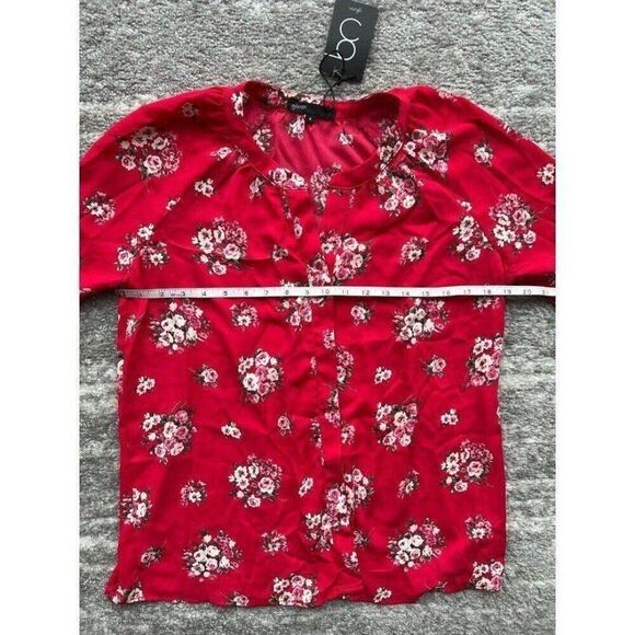 Gibson NWT Women Red Pretty Floral Long Sleeve Flare Button Blouse Top - Picture 8 of 10